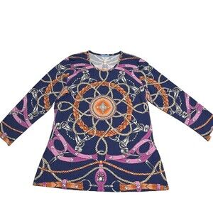 J.McLaughlin Women's  Printed Blue Tee Round Neck Catalina Top 3/4 Sleeve Sz L